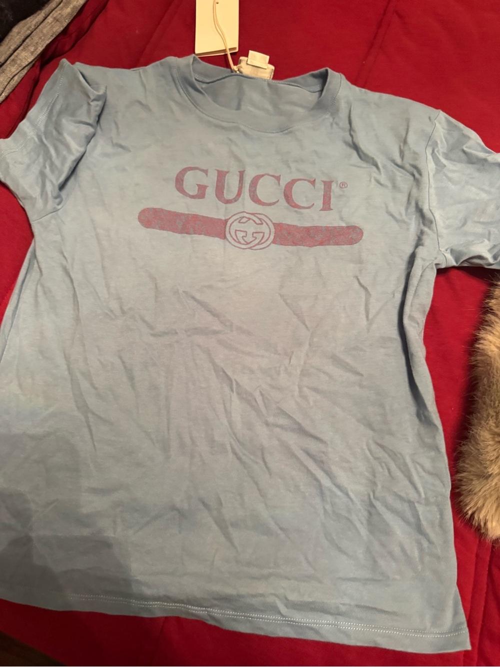 Gucci Light Blue Kids Logo Tee with Pink Graphic